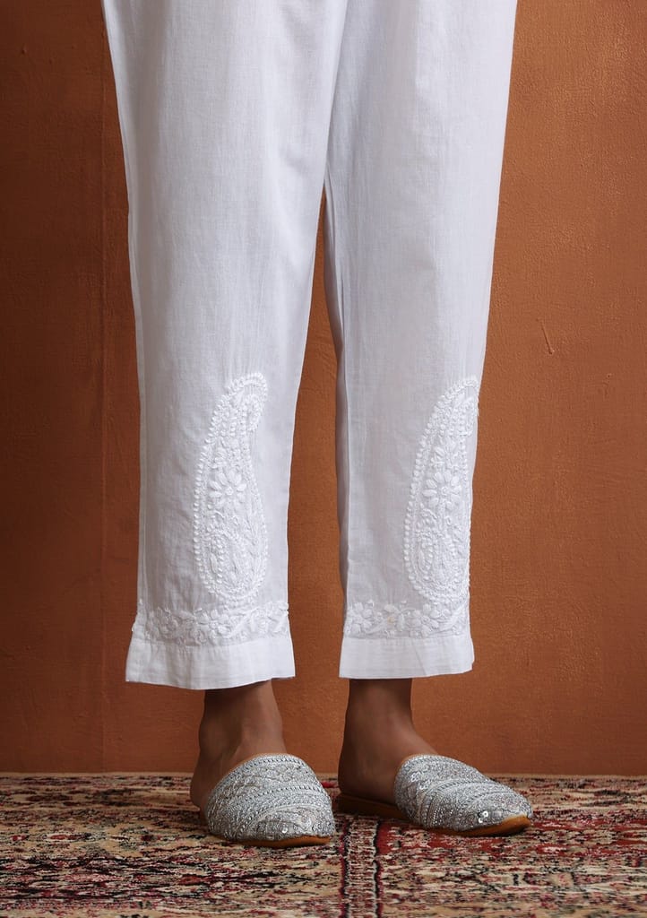 Cotton Chikankari Solid Women's Pants With Lace - White