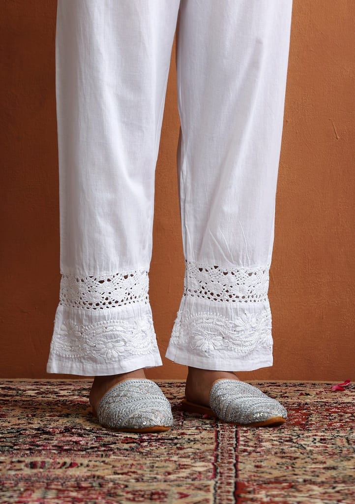 Cotton Chikankari Mukaish Solid Women's Pants With Lace - White
