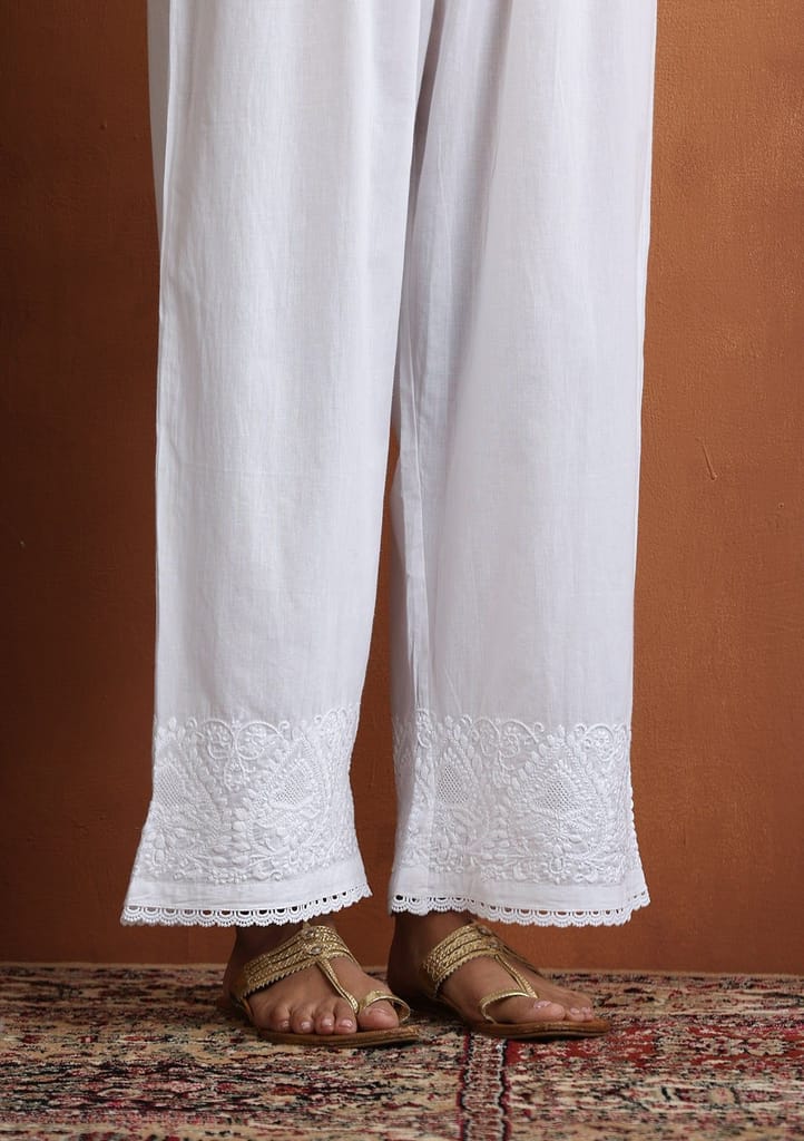 Cotton Chikankari Solid Women's Palazzo With Lace - White