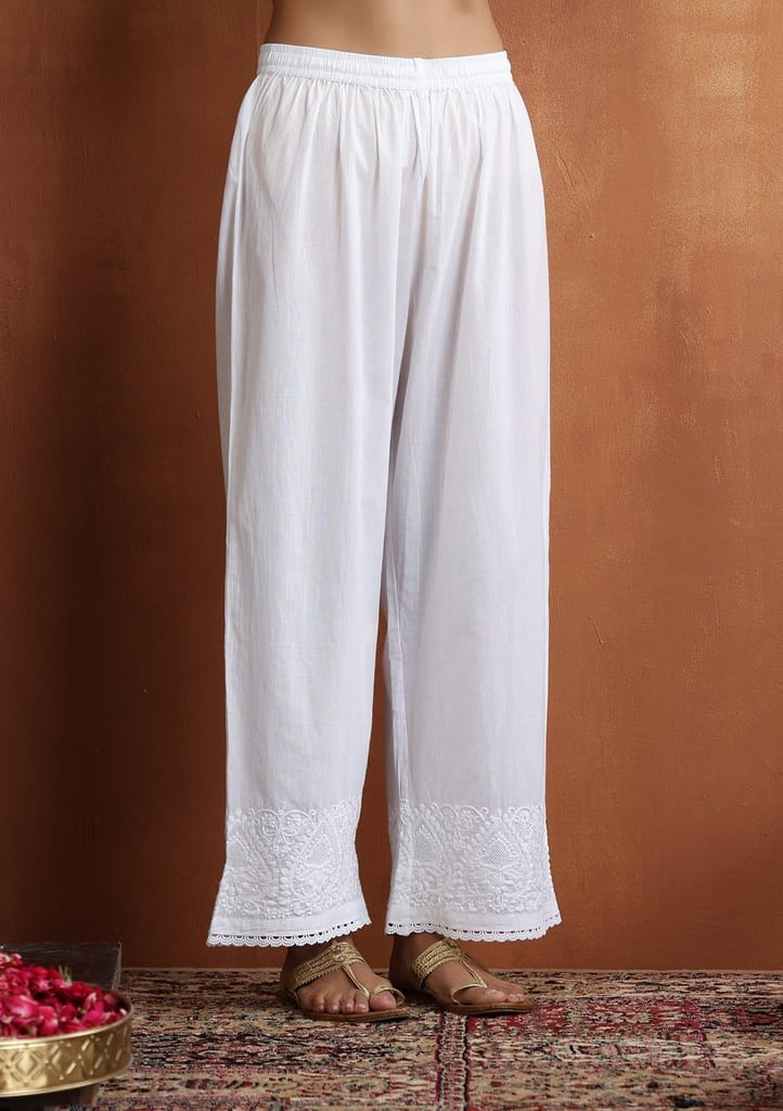 Cotton Chikankari Solid Women's Palazzo With Lace - White