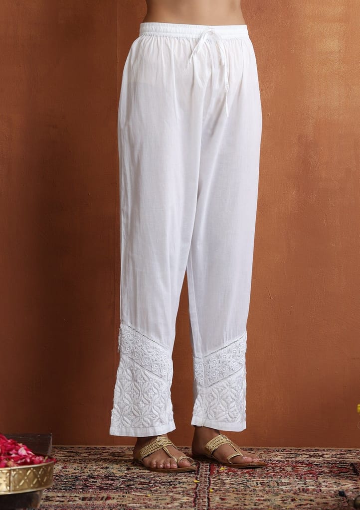 Cotton Chikankari Solid Women's Pants With Lace - White - Palazzos | Buy online on ZillyBuy