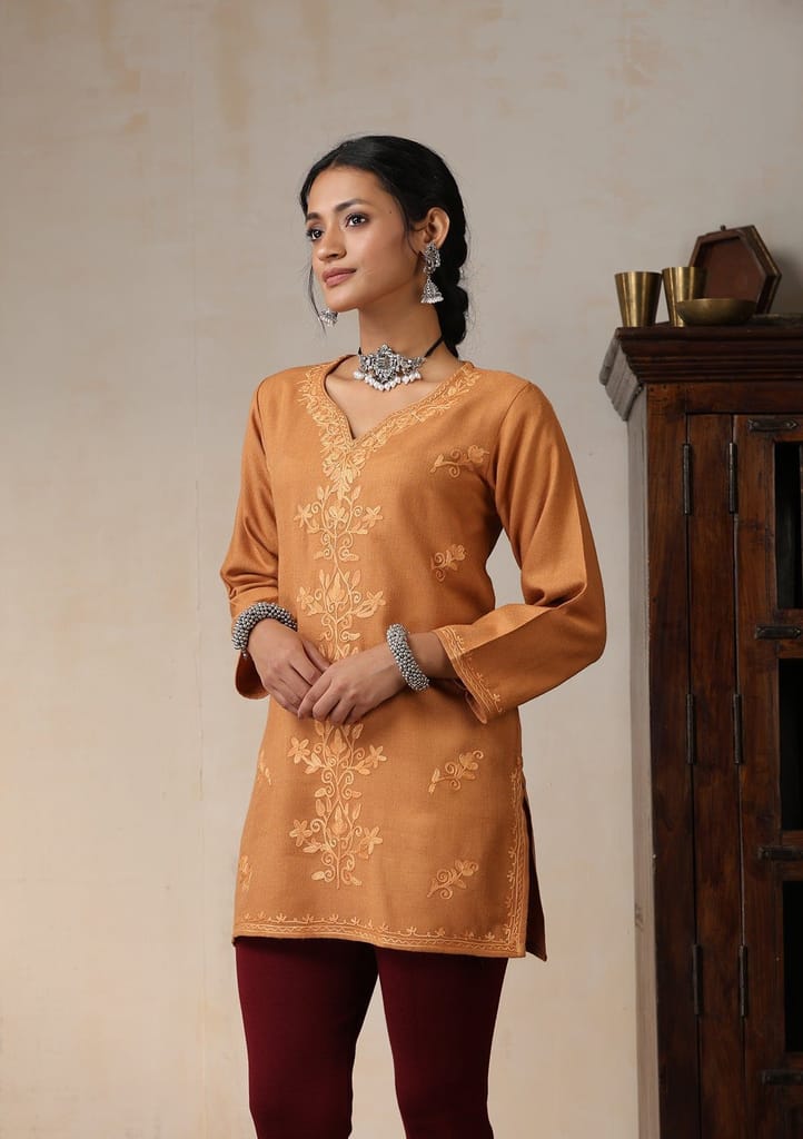 HOC Crafts Aari Embroidered Woollen Solid Women's Short Kurta - Rust