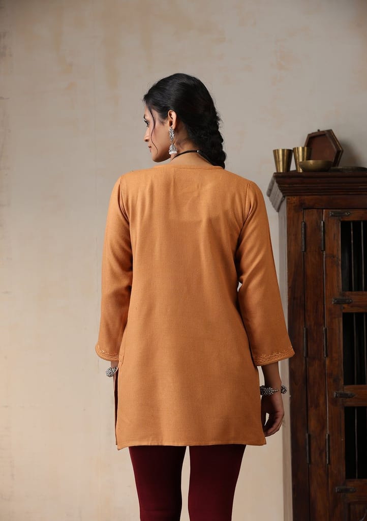 HOC Crafts Aari Embroidered Woollen Solid Women's Short Kurta - Rust
