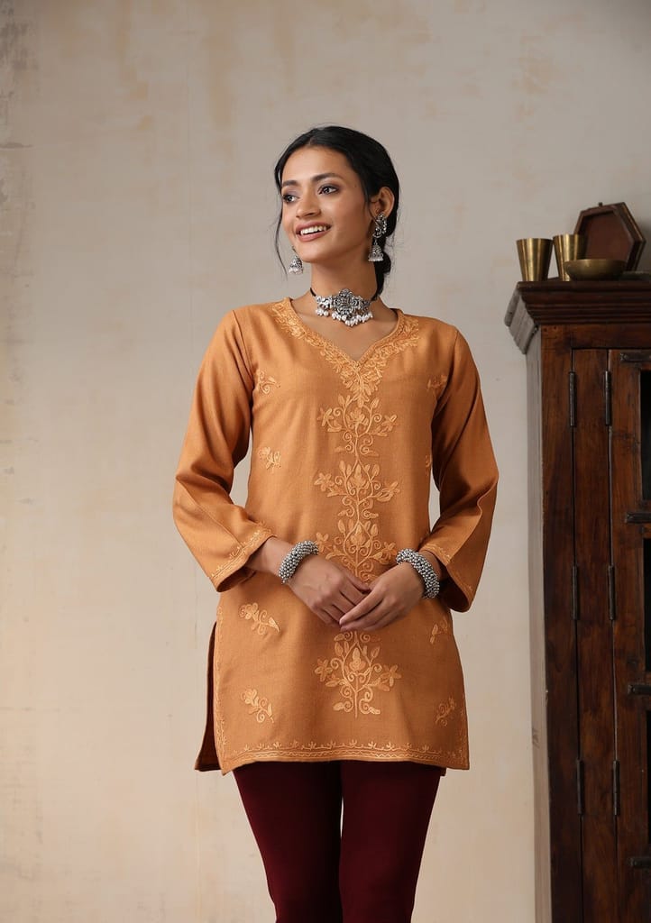 HOC Crafts Aari Embroidered Woollen Solid Women's Short Kurta - Rust