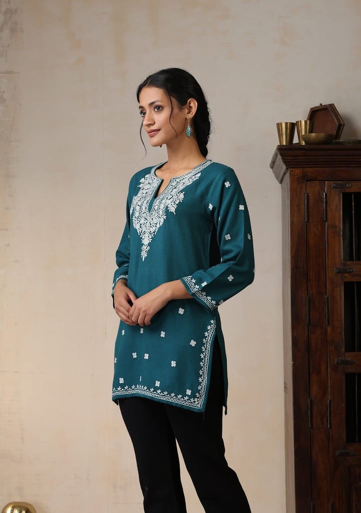 HOC Crafts Aari Embroidered Woollen Solid Women's Short Kurta - Teal