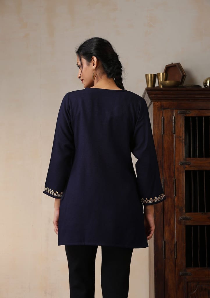 HOC Crafts Aari Embroidered Woollen Solid Women's Short Kurta - Navy Blue