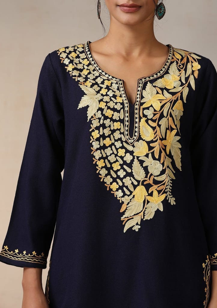 HOC Crafts Aari Embroidered Woollen Solid Women's Short Kurta - Navy Blue