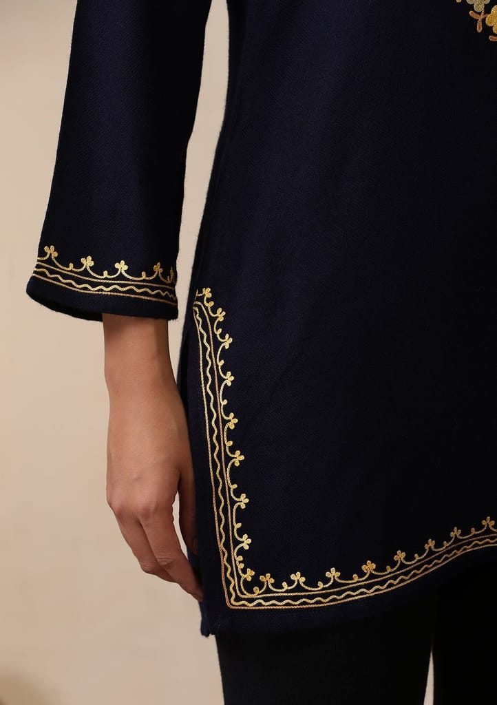 HOC Crafts Aari Embroidered Woollen Solid Women's Short Kurta - Navy Blue