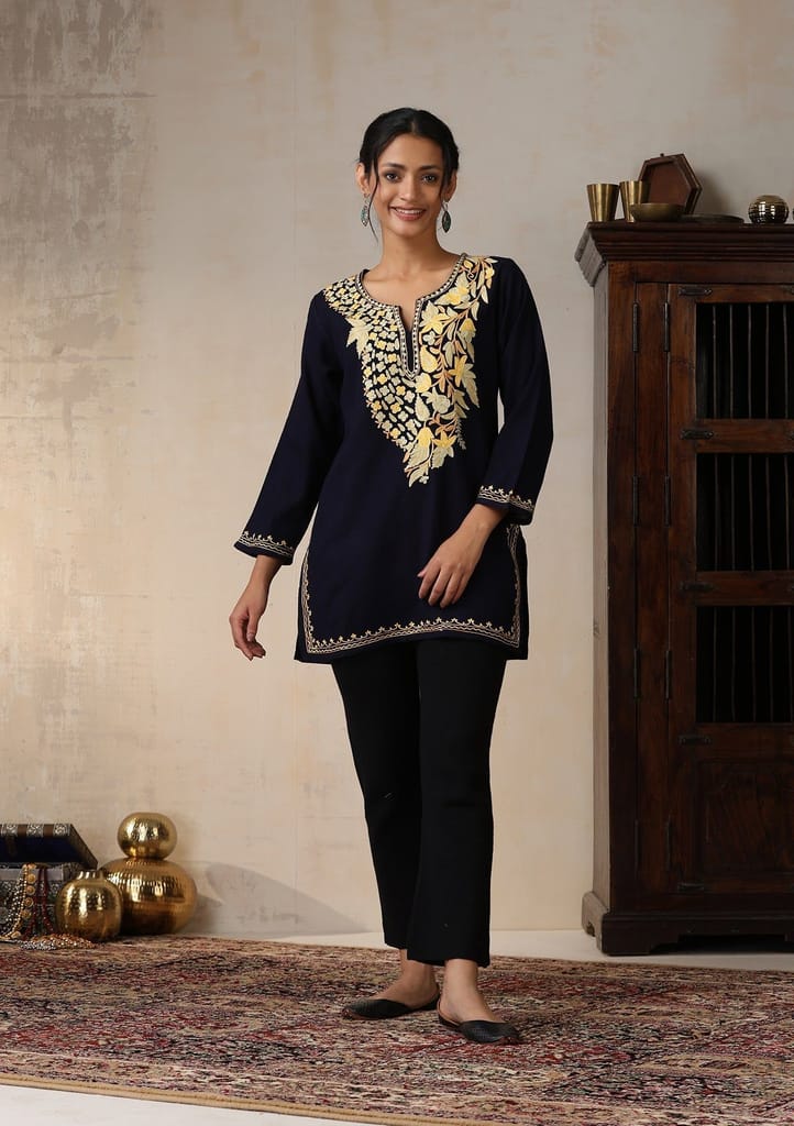 HOC Crafts Aari Embroidered Woollen Solid Women's Short Kurta - Navy Blue