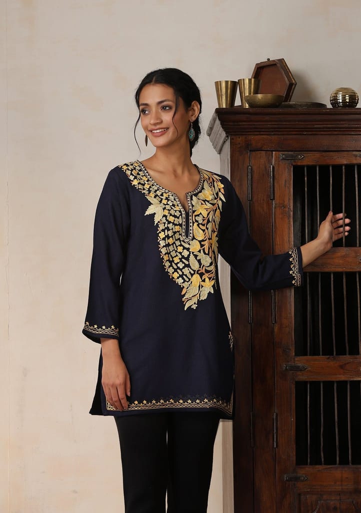 HOC Crafts Aari Embroidered Woollen Solid Women's Short Kurta - Navy Blue