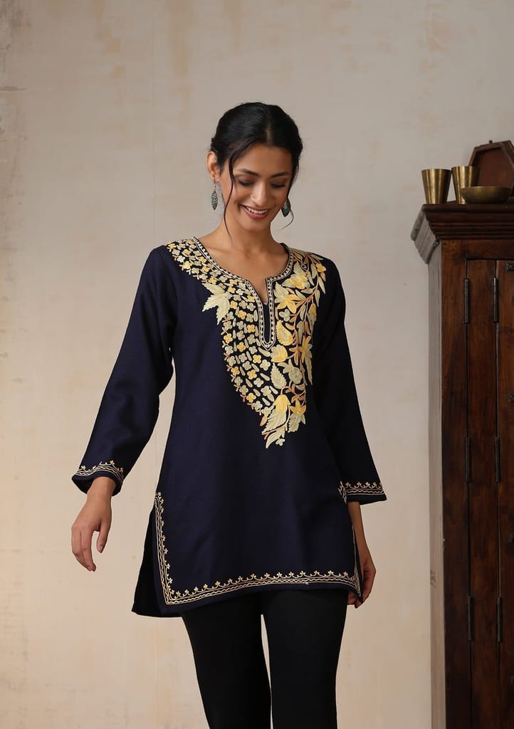 HOC Crafts Aari Embroidered Woollen Solid Women's Short Kurta - Navy Blue