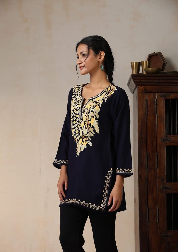 HOC Crafts Aari Embroidered Woollen Solid Women's Short Kurta - Navy Blue