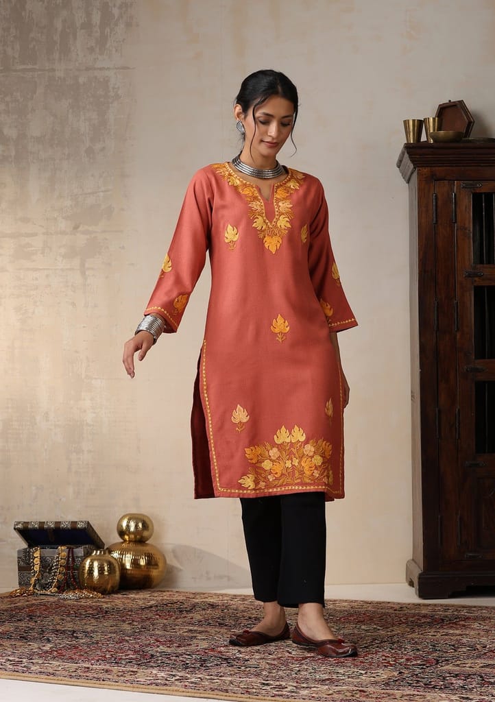 HOC Crafts Aari Embroidered Woollen Solid Women's Long Kurta - Coral