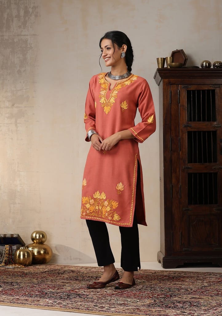 HOC Crafts Aari Embroidered Woollen Solid Women's Long Kurta - Coral