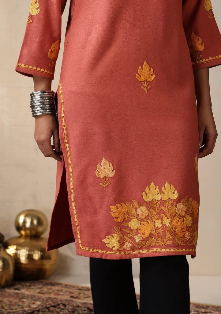 HOC Crafts Aari Embroidered Woollen Solid Women's Long Kurta - Coral