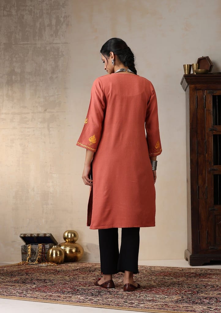 HOC Crafts Aari Embroidered Woollen Solid Women's Long Kurta - Coral