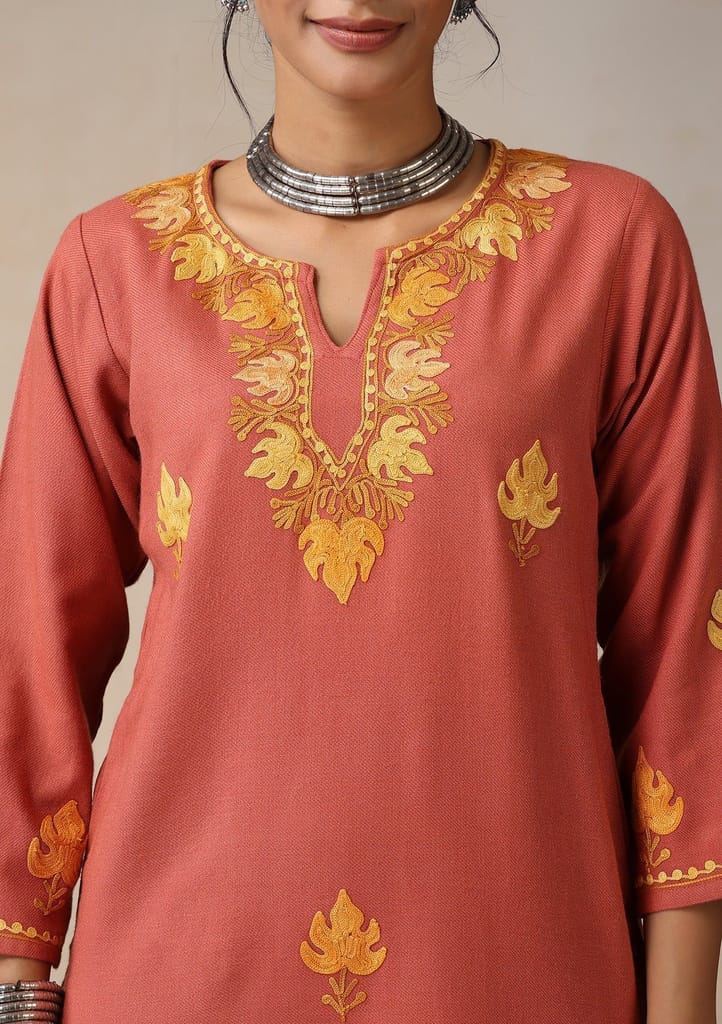 HOC Crafts Aari Embroidered Woollen Solid Women's Long Kurta - Coral