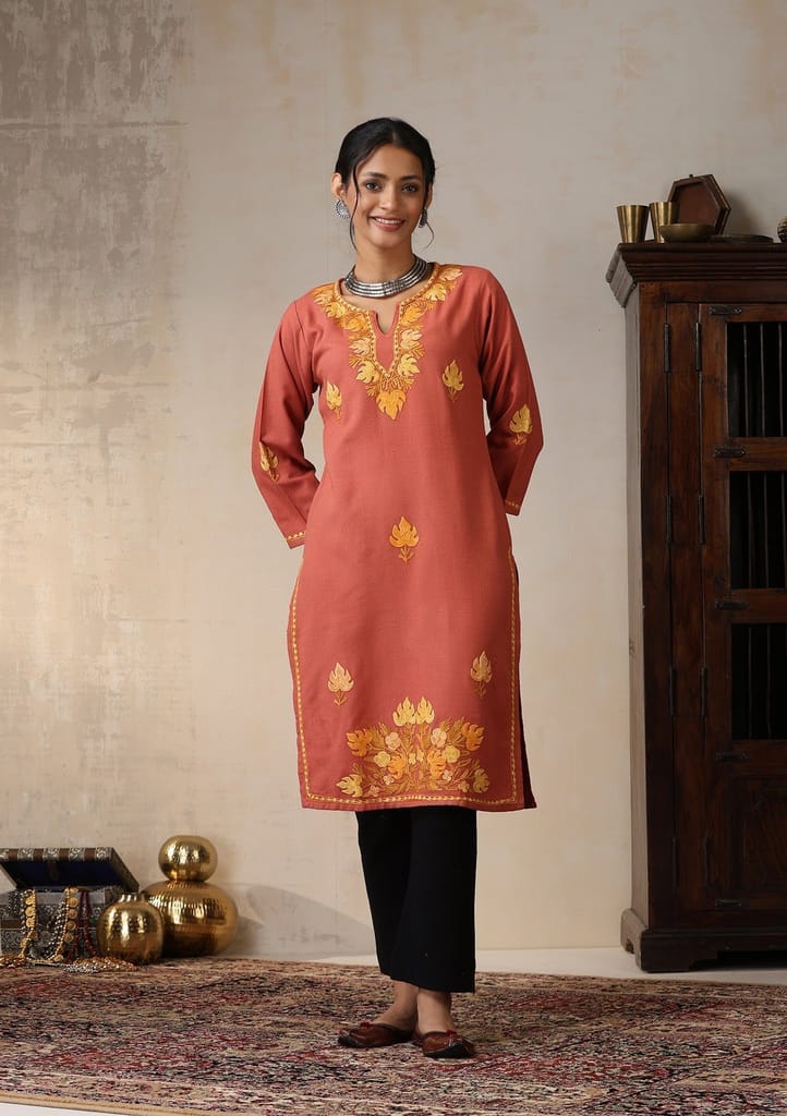 HOC Crafts Aari Embroidered Woollen Solid Women's Long Kurta - Coral