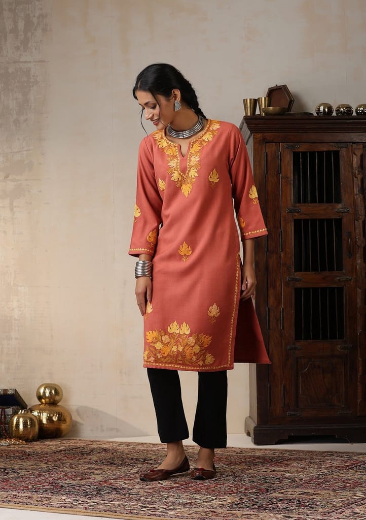 HOC Crafts Aari Embroidered Woollen Solid Women's Long Kurta - Coral