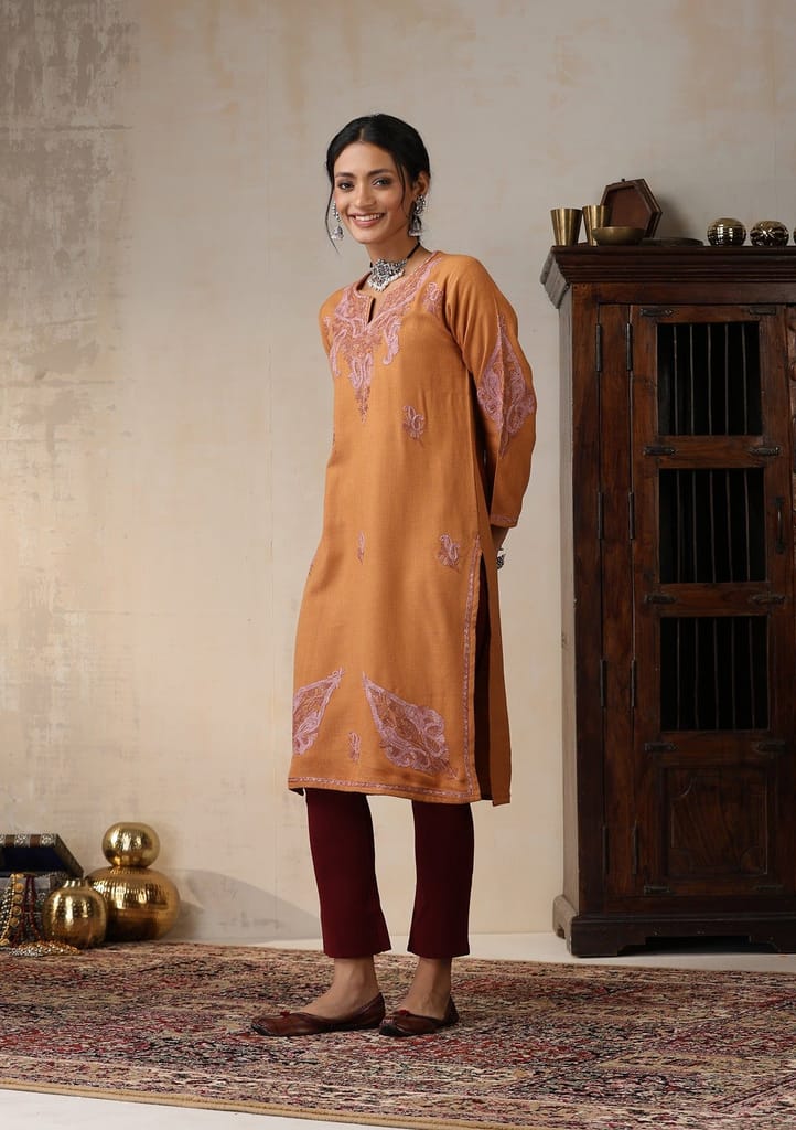 HOC Crafts Aari Embroidered Woollen Solid Women's Long Kurta - Rust