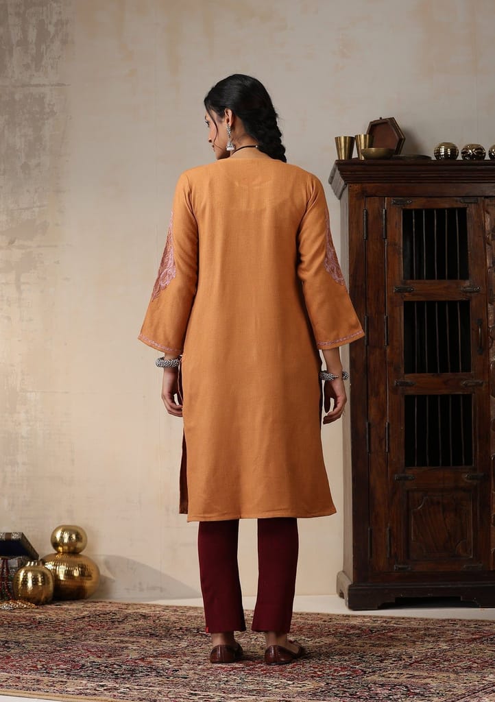 HOC Crafts Aari Embroidered Woollen Solid Women's Long Kurta - Rust
