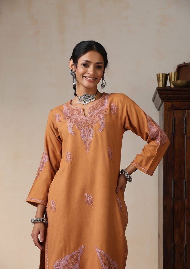 HOC Crafts Aari Embroidered Woollen Solid Women's Long Kurta - Rust