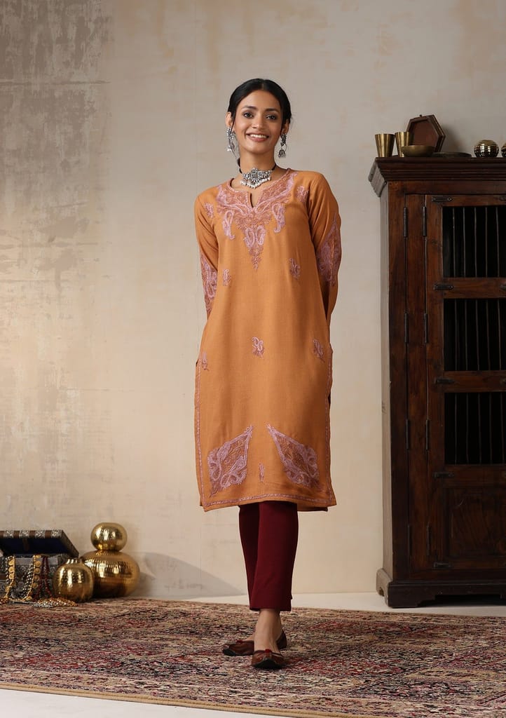 HOC Crafts Aari Embroidered Woollen Solid Women's Long Kurta - Rust