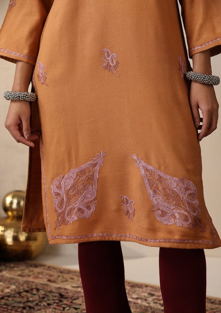 HOC Crafts Aari Embroidered Woollen Solid Women's Long Kurta - Rust
