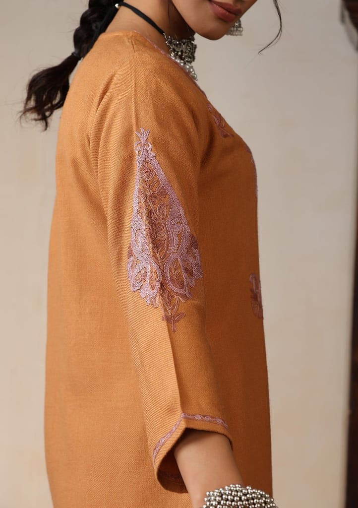 HOC Crafts Aari Embroidered Woollen Solid Women's Long Kurta - Rust