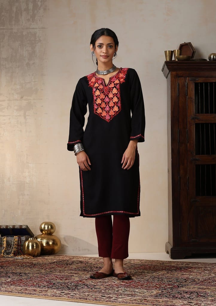HOC Crafts Aari Embroidered Woollen Solid Women's Long Kurta - Black