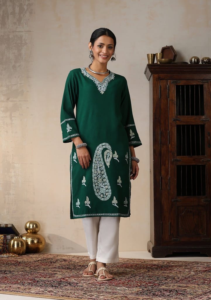 HOC Crafts Aari Embroidered Woollen Solid Women's Long Kurta - Green