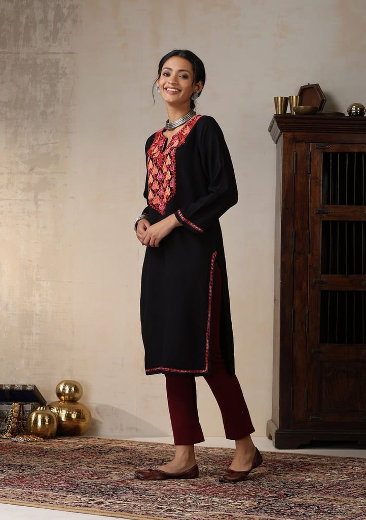 HOC Crafts Aari Embroidered Woollen Solid Women's Long Kurta - Black