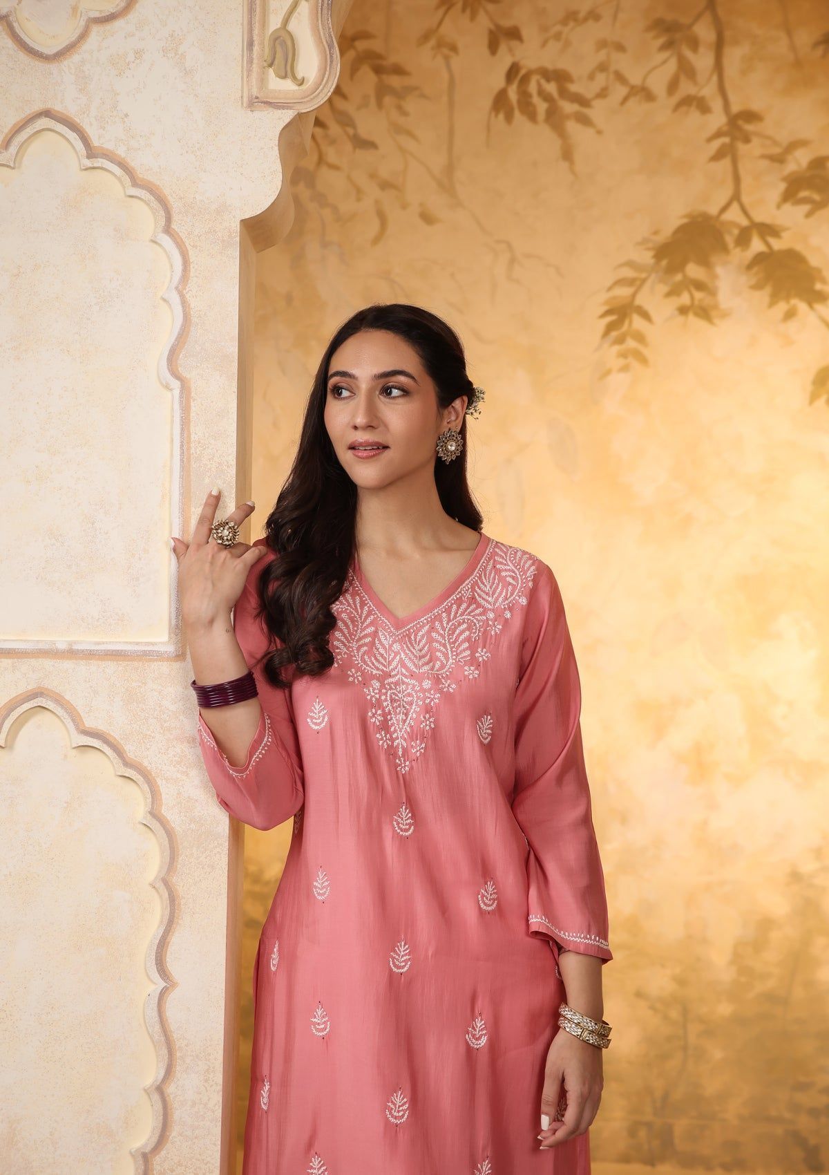 Chanderi Chikankari Solid Women's Long Kurta - Pink