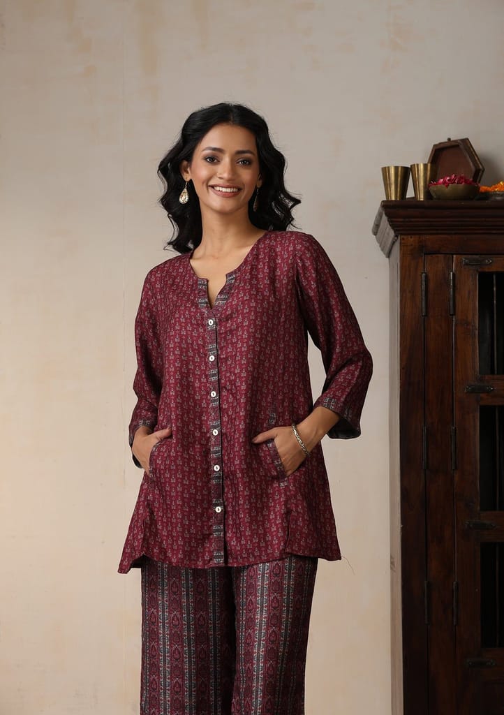 HOC Crafts Pashmina Printed Women's 2 PC Co-ord Set - Maroon