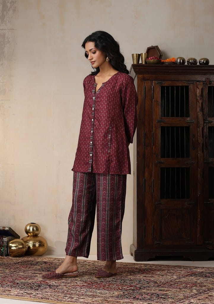 HOC Crafts Pashmina Printed Women's 2 PC Co-ord Set - Maroon