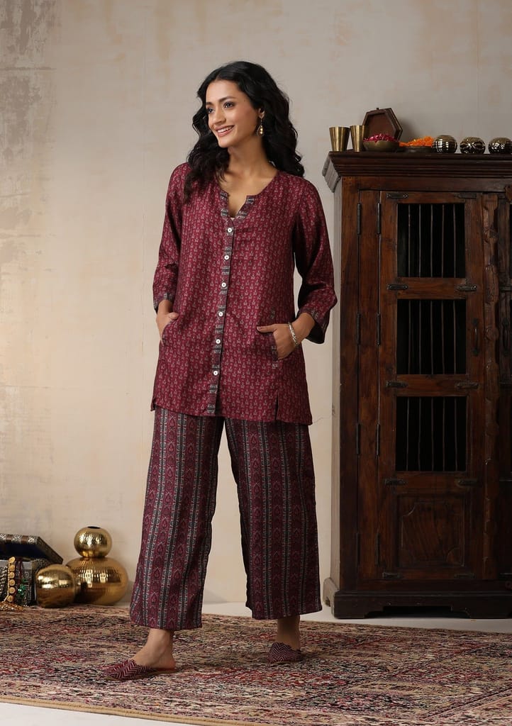 HOC Crafts Pashmina Printed Women's 2 PC Co-ord Set - Maroon