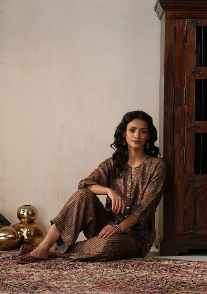 HOC Crafts Pashmina Printed Women's 2 PC Co-ord Set - Light Yellow