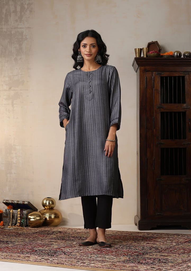 HOC Crafts Pashmina Printed Women's Long Kurta - Grey
