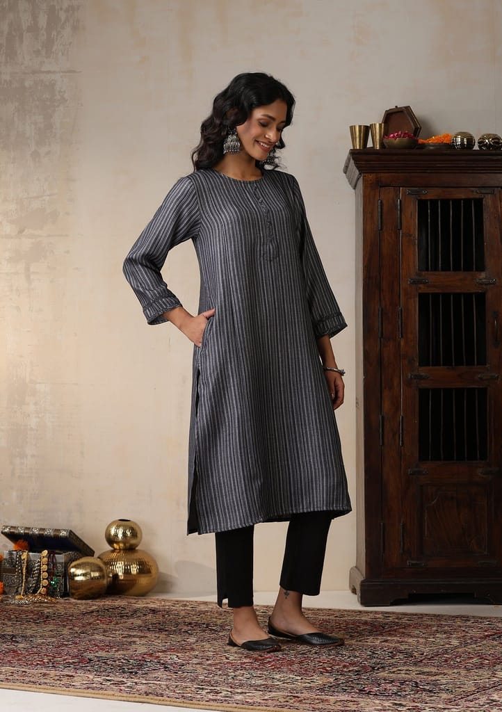 HOC Crafts Pashmina Printed Women's Long Kurta - Grey
