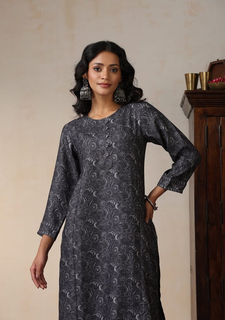 HOC Crafts Pashmina Printed Women's Long Kurta - Grey