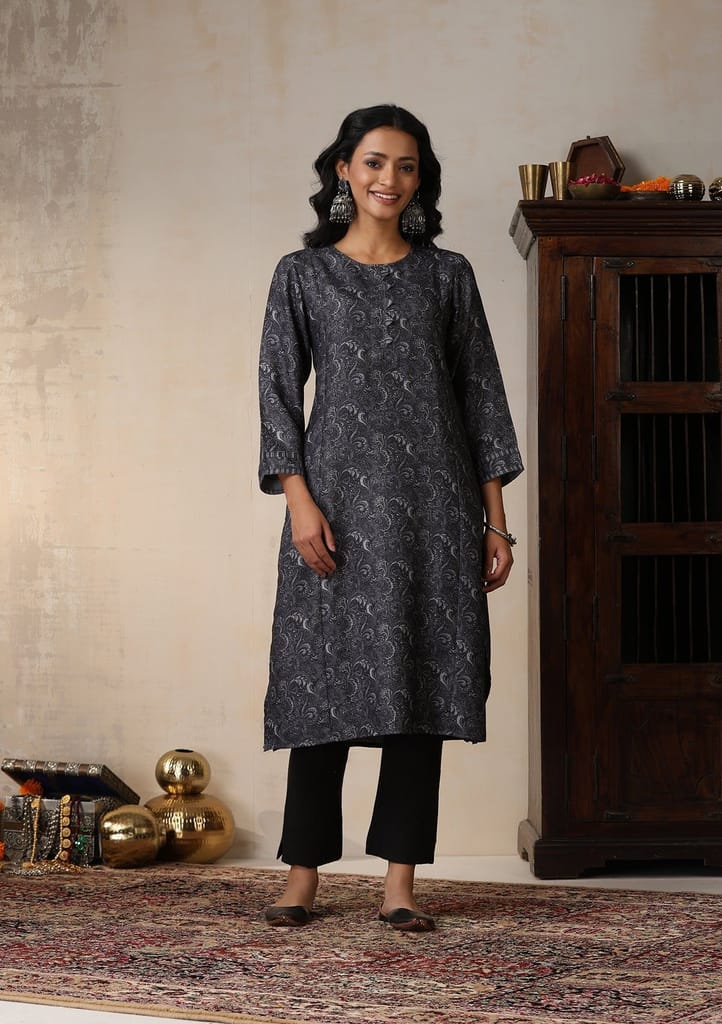HOC Crafts Pashmina Printed Women's Long Kurta - Grey