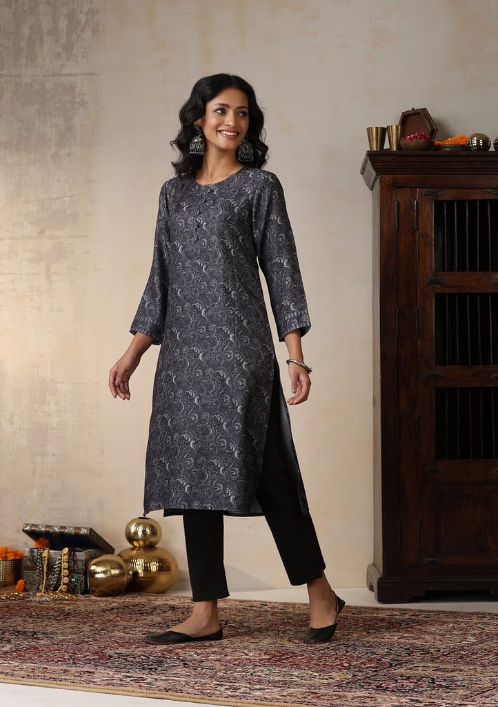 HOC Crafts Pashmina Printed Women's Long Kurta - Grey
