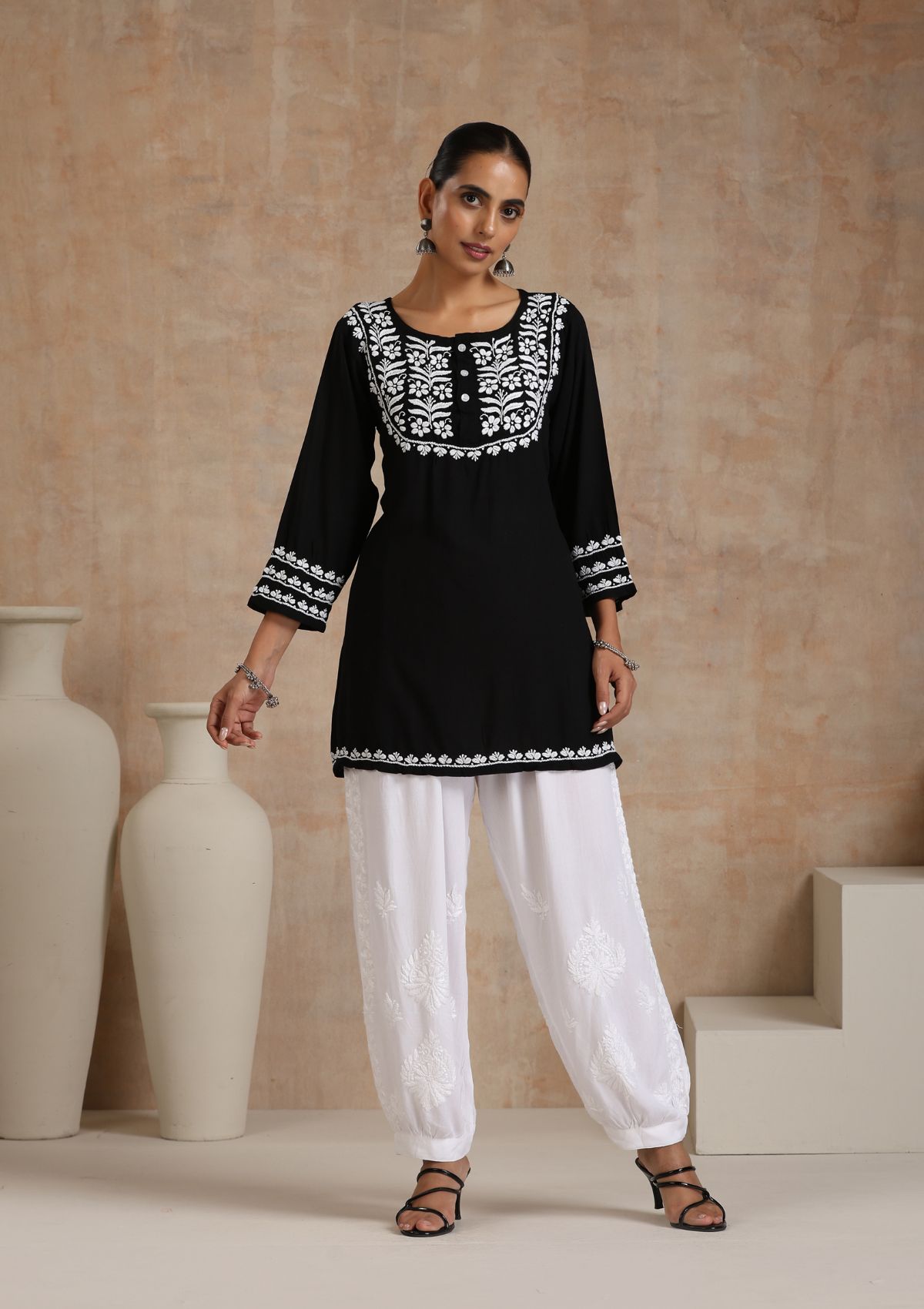 Rayon Chikankari Solid Women's Short Kurta - Black