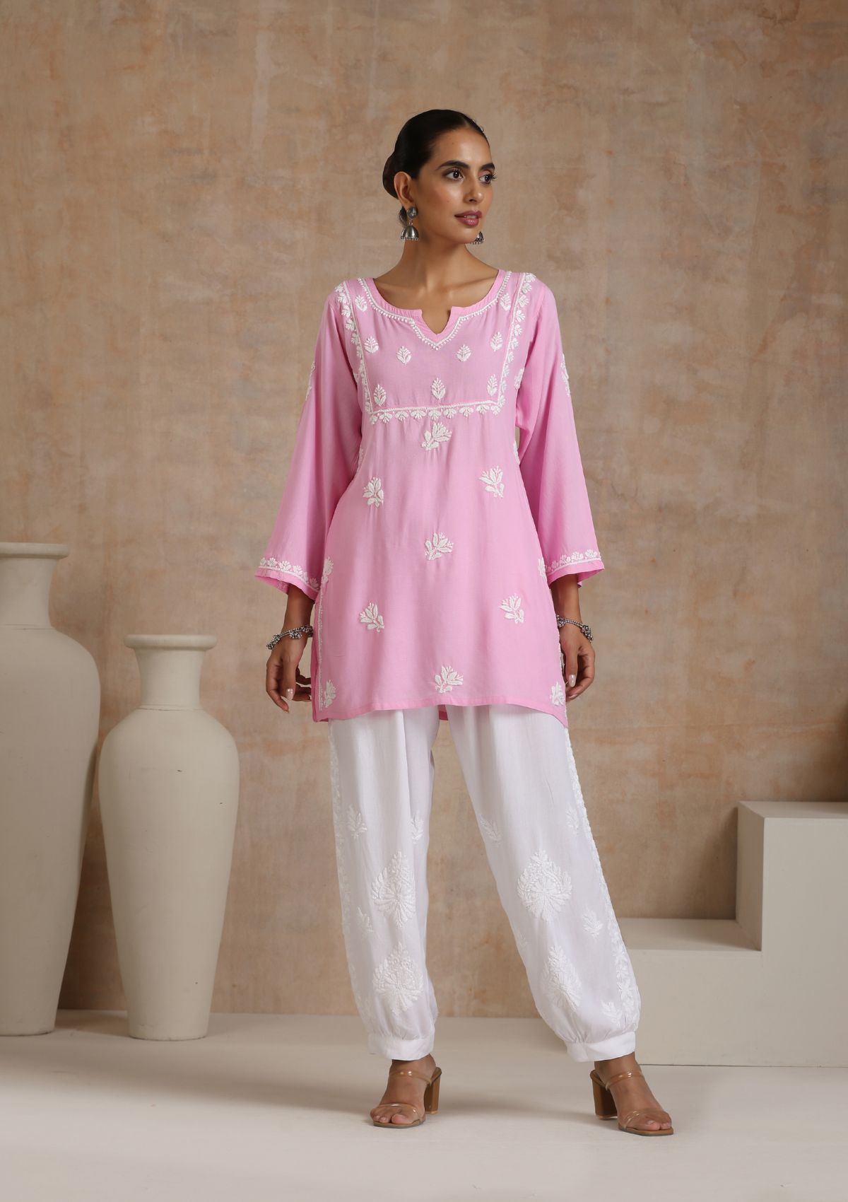 Rayon Chikankari Solid Women's Short Kurta - Light Pink