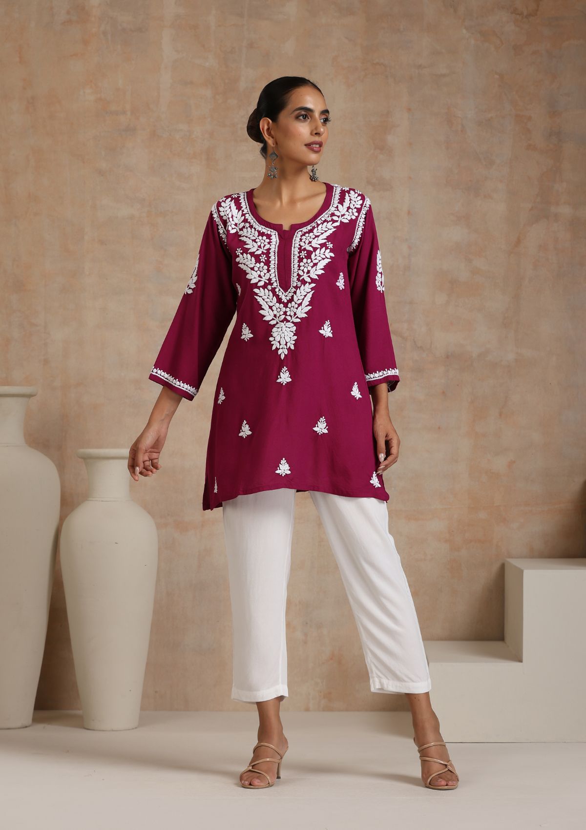 Rayon Chikankari Solid Women's Short Kurta - Purple