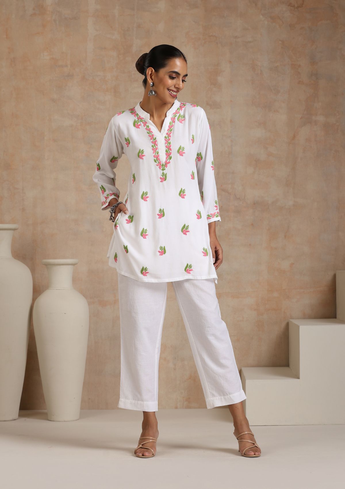 Rayon Chikankari Solid Women's Short Kurta - White