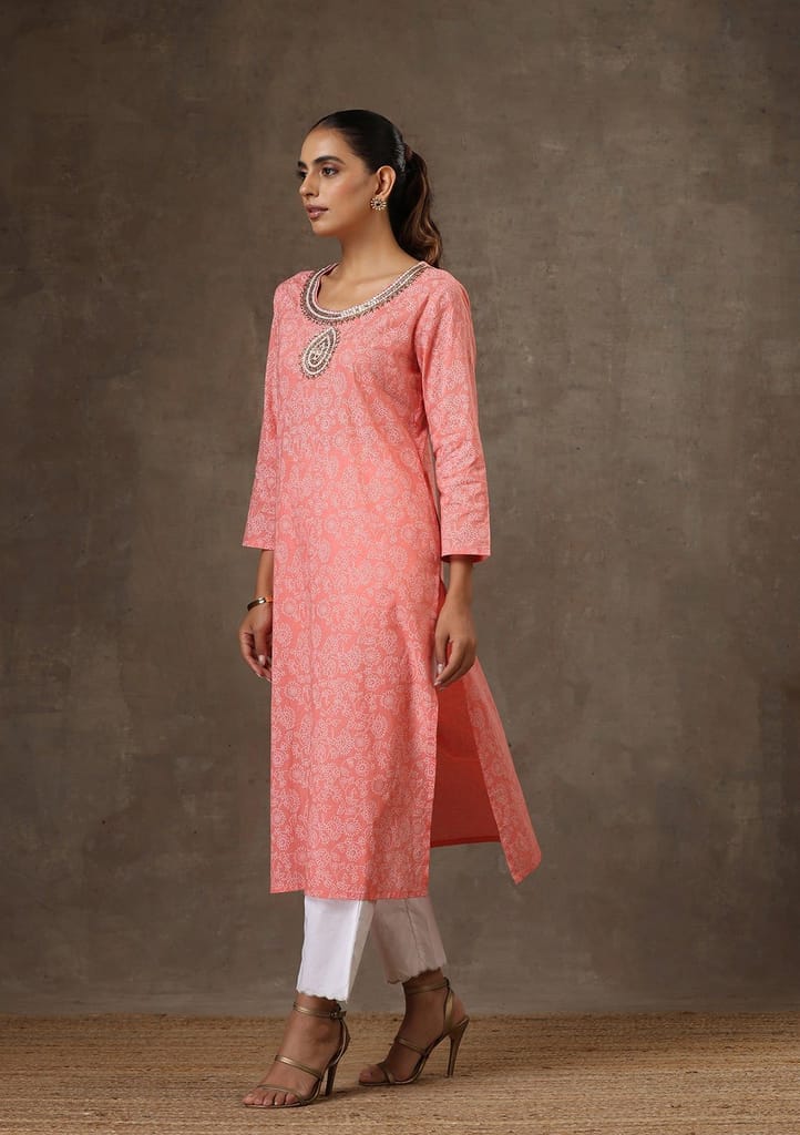 HOC Crafts Cotton Hand Embroidered Printed Women's Long Kurta - Peach