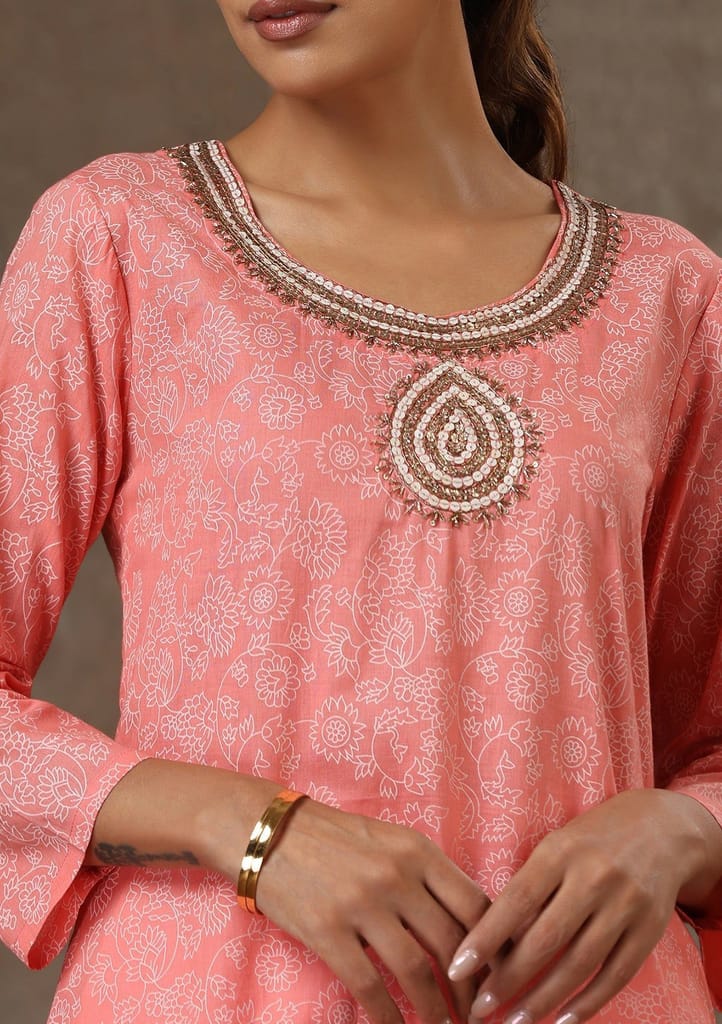 HOC Crafts Cotton Hand Embroidered Printed Women's Long Kurta - Peach