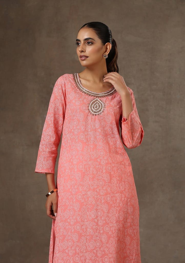 HOC Crafts Cotton Hand Embroidered Printed Women's Long Kurta - Peach