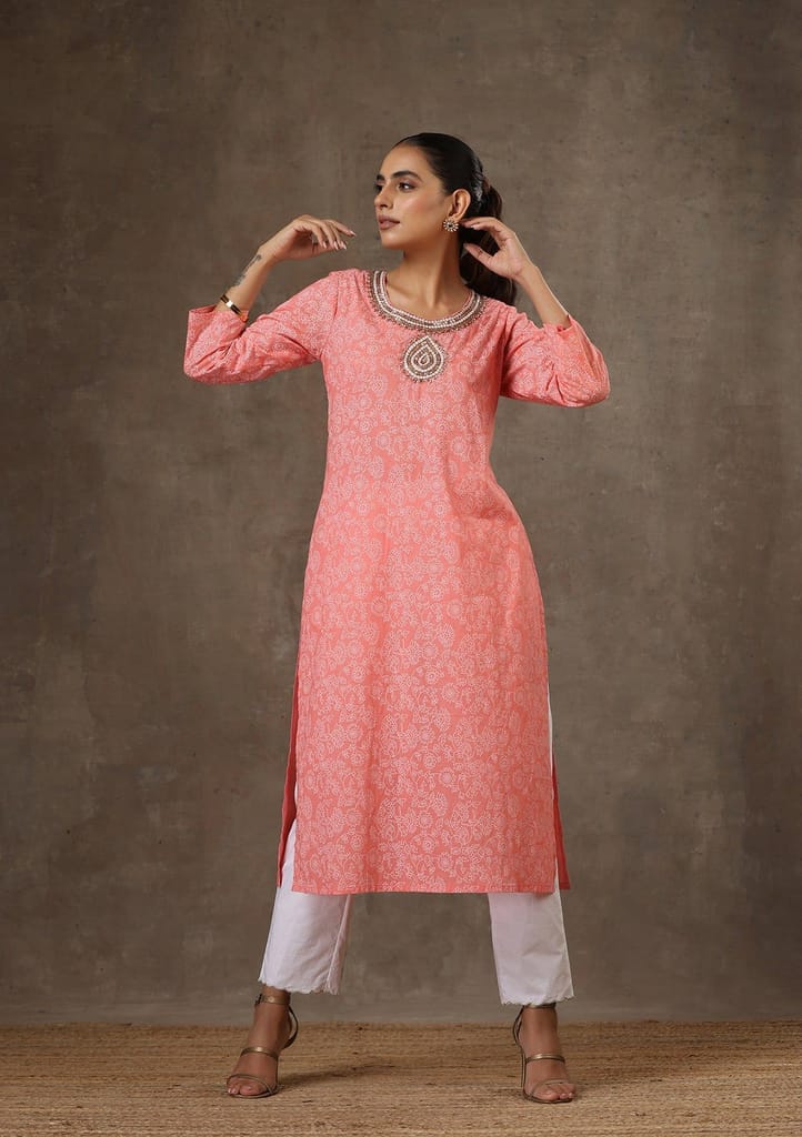 HOC Crafts Cotton Hand Embroidered Printed Women's Long Kurta - Peach